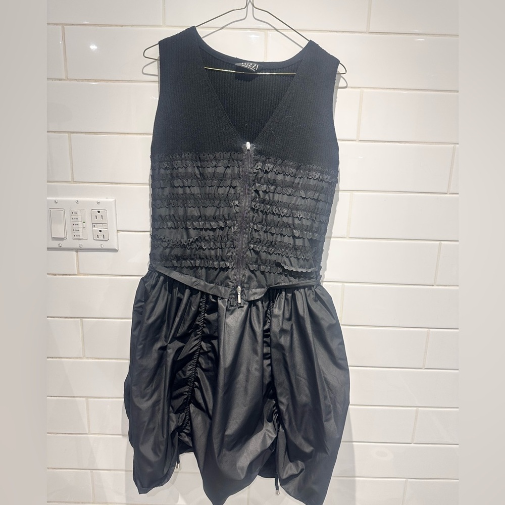 Tuzzi Black Textured Zip-Front Dress Cinchable Bubble Hem Size M
